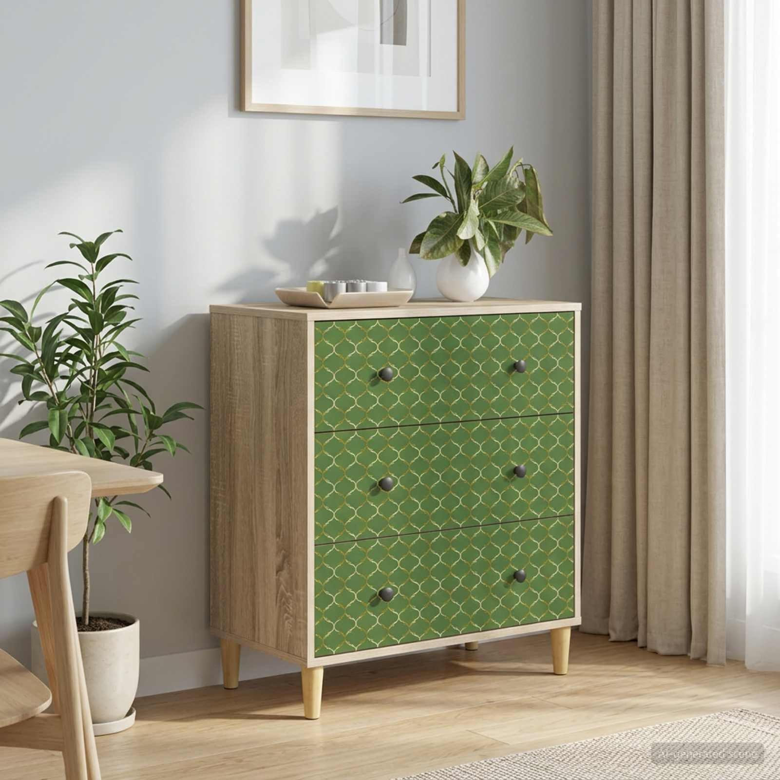 Homgoday Kommode GELEEN Smaragd geometrisches Muster 66 x 36,5 x 75 cm Holzwerkstoff Sonoma, 3 Schubladen, Stauraum, erhöhte Füße, für Schlafzimmer, Wohnzimmer 8007351