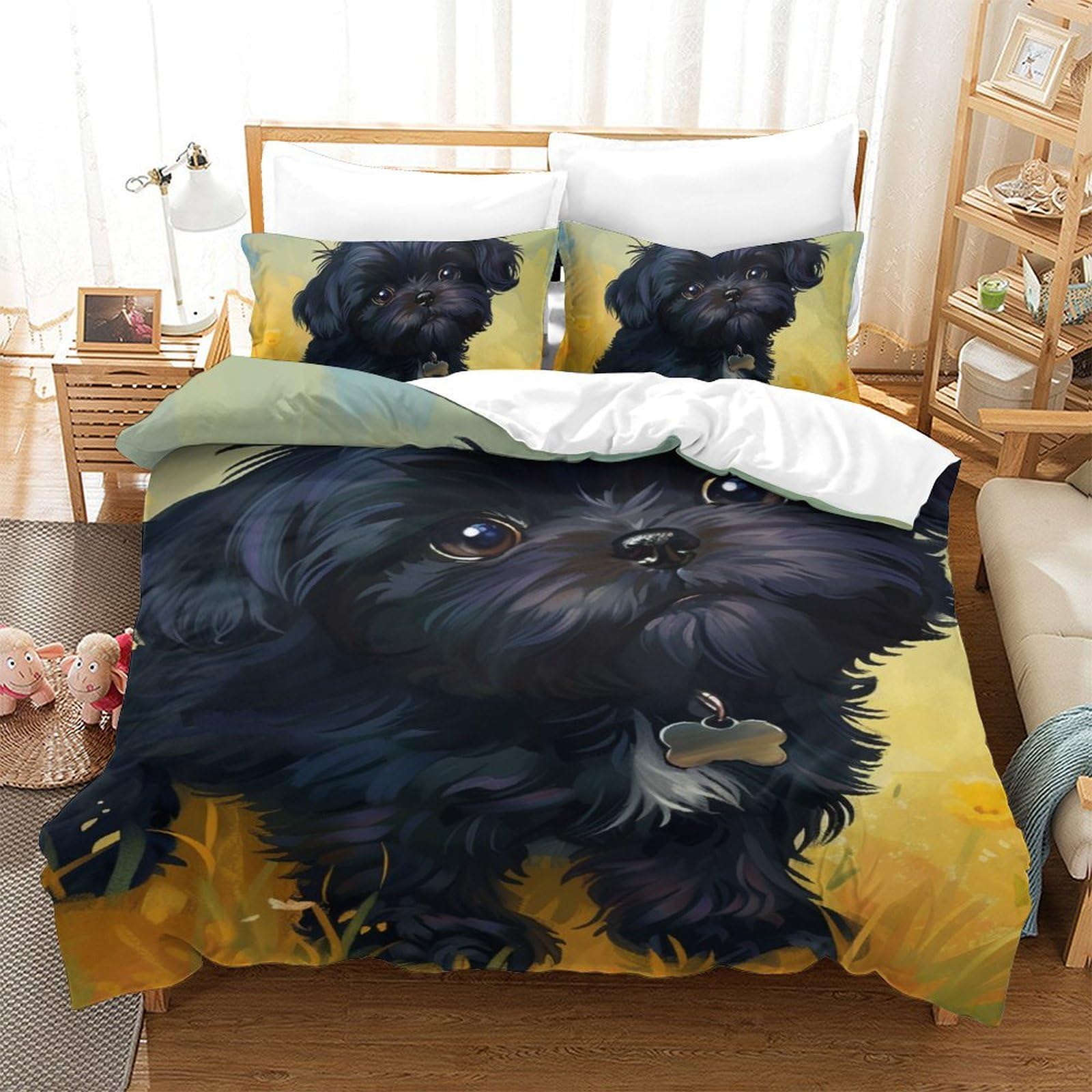 Housse de couette 140x200 Bichon lit 1 place avec taie d'oreiller microfibre zippée
