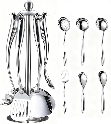 Juego de utensilios de cocina de acero inoxidable de 7 piezas con soporte giratorio, herramientas de cocina que incluyen espátula, cucharón,