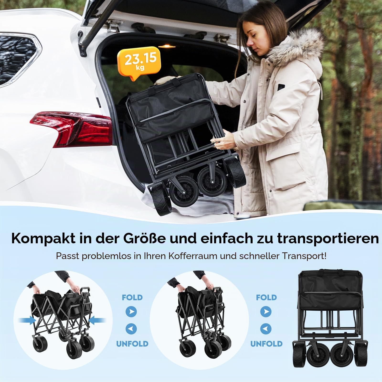 Bollerwagen faltbar Handwagen mit Getränkehalter 100L 100KG Transportwagen Gartenwagen Strandwagen für Alle Gelände Draussen Einkaufen für Geländetauglich mit Bremsen