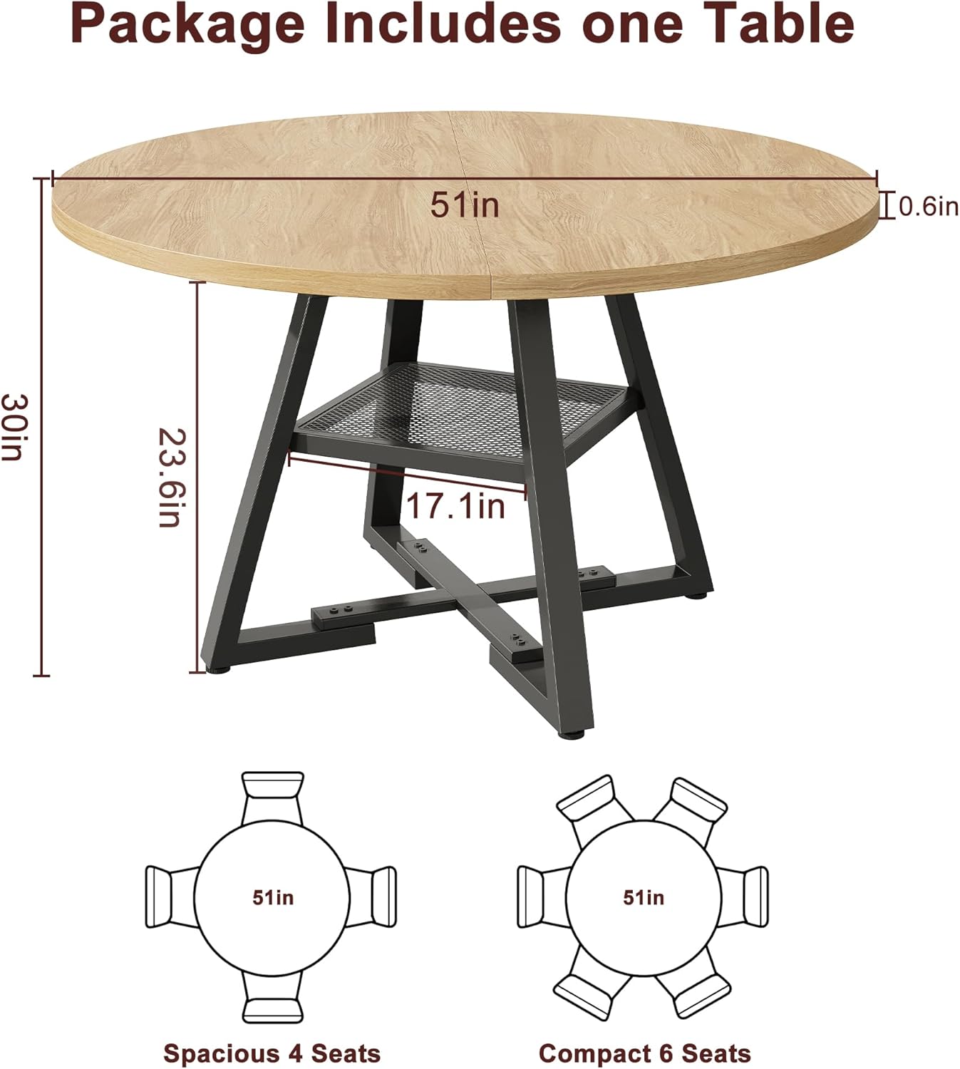 51'' Round Dining Table for 6,Kitchen Dining Room Circle Dinner Pedestal Table,Space Saving Wood Kitchen & Dining Room Furniture (Natual Wood, 51In)