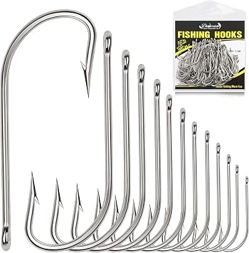 Dovesun Fishing Hooks Saltwater OShaughnessy Fishing Hooks 100/80/70/60/50pcs Stainless Steel Forged J Hooks Trolling Sea Bass Striper Cod Bluefish Striped Bass 1# 2# 4# 6# 1/0-8/0