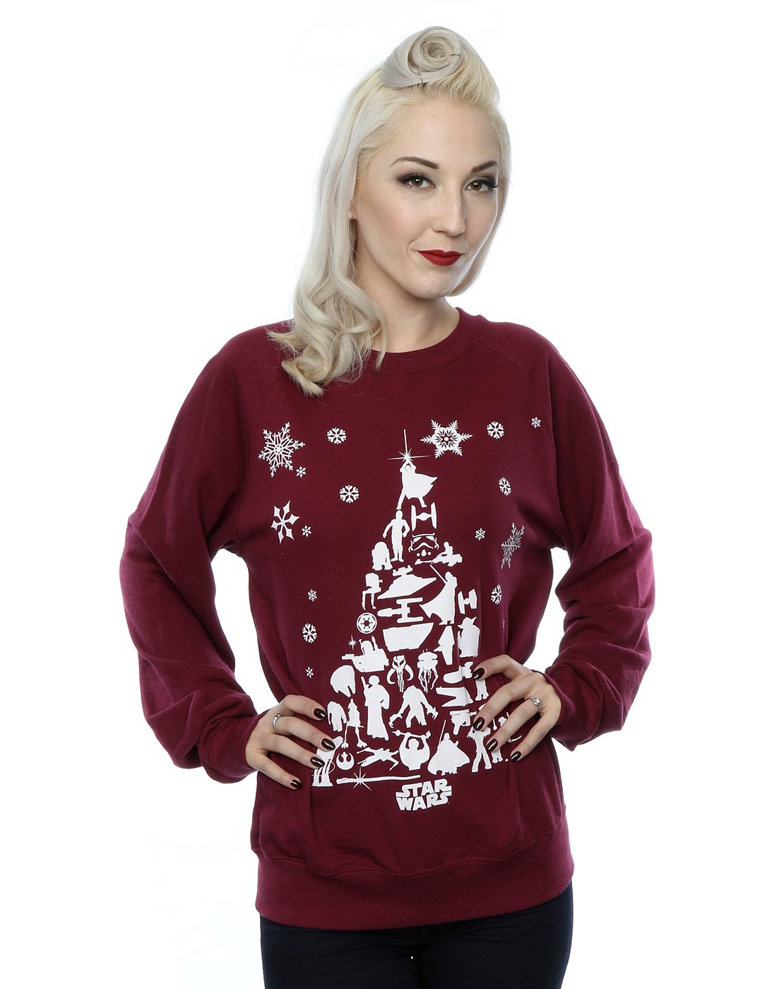 Star Wars Christmas Tree Sweatshirt Burgundy Cotton Polyester Long-Sleeve Crew Neck Female XL