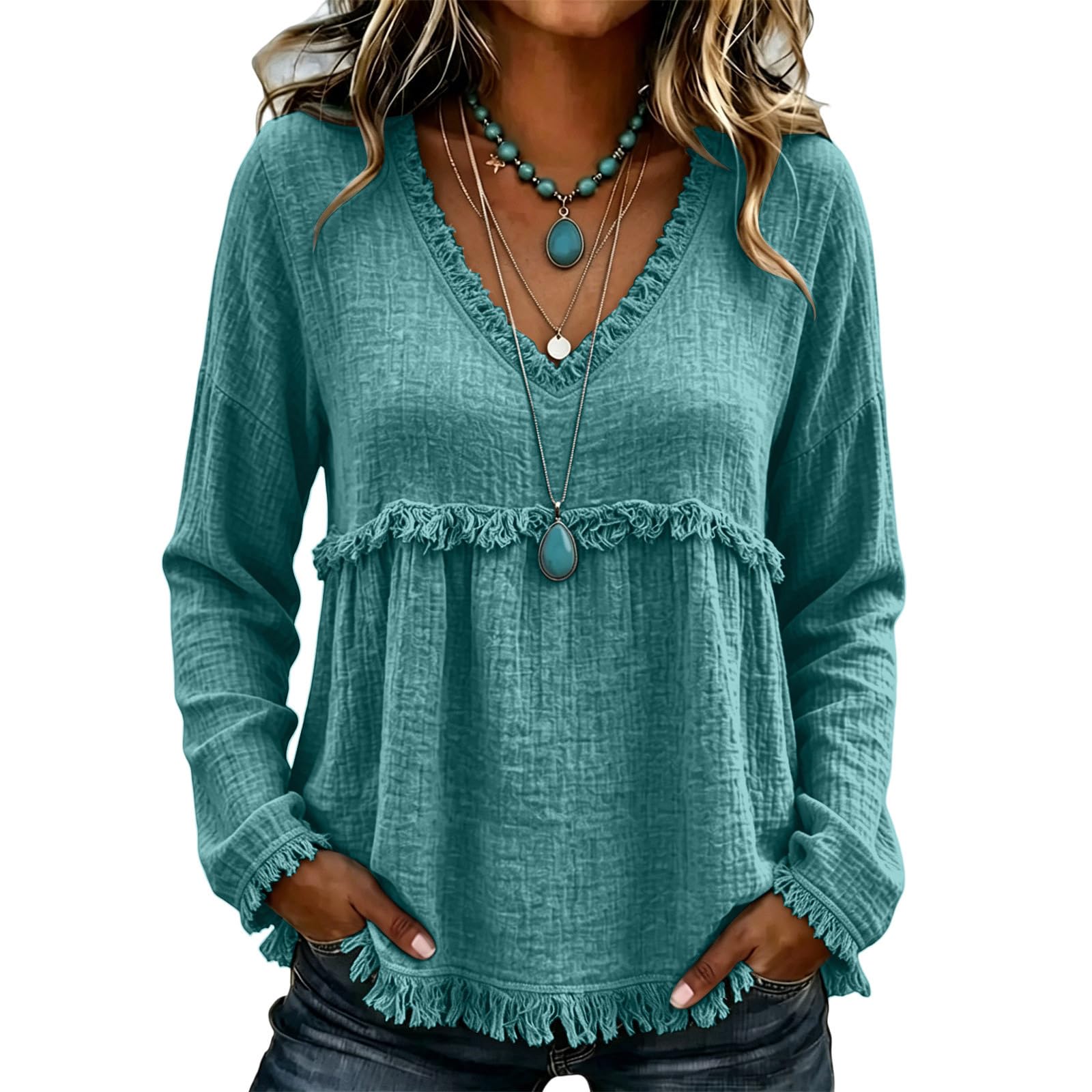 Camicie a maniche lunghe con scollo a V in garza di cotone Boho per le | Camicetta da donna in garza di cotone traspirante boho con frange sciolta fluida scollo a V leggera adatta per viaggi
