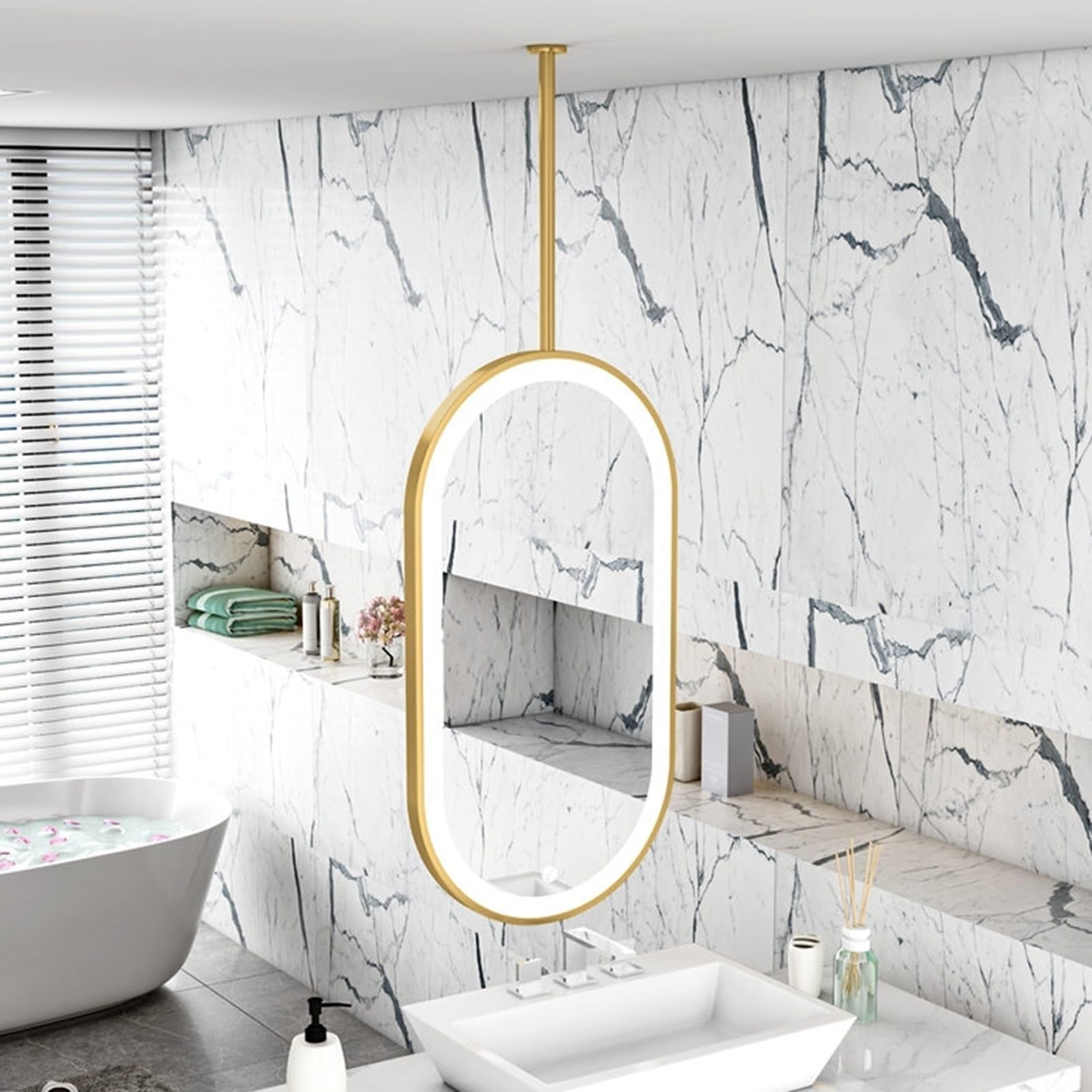 d Specchio da bagno ovale a LED, girevole 40 x 80 cm, da appendere, con luce, per arredamento moderno della casa, furgoni e trucco, decorazione da parete slish e funzionale