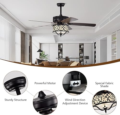 Miniatura 9 de Tangkula Ventilador de techo de 52 pulgadas con control remoto, ventilador de techo retro con motor reversible, 3 velocidades y temporizador,