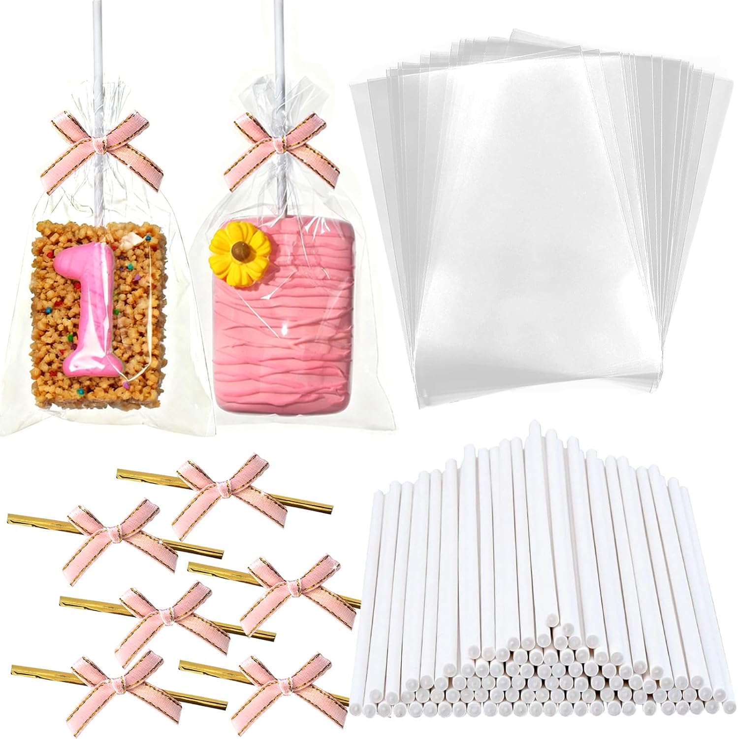 100PCS Rice Crispy Treat Bags 4x6in Cake Pop Bags with Sticks and Ties Bow