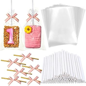 100PCS Rice Crispy Treat Bags 4x6in with Sticks and Ties Bows Clear Cellophane for Rice Krispie Treats Bags Individually Wrapped for Cake Pop Cakesicles Packaging Marshmallow Candy Apple CookiesPink