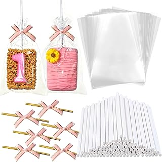 100PCS Rice Crispy Treat Bags 4x6in with Sticks and Ties Bow, Clear Cellophane for Rice Krispie Treats Bags Individually Wrapped for Cake Pop Cakesicles Packaging Marshmallow Candy Apple Cookies(Pink)