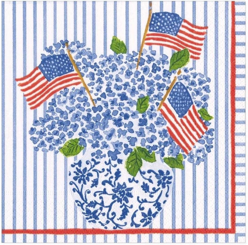 Caspari American Flags and Hydrangeas Paper Luncheon Napkins, 20 Per Package