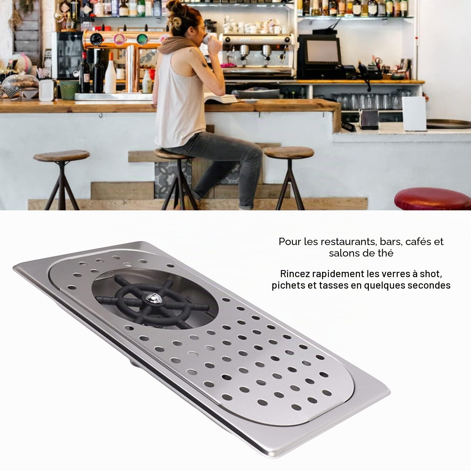 Rinçage de Pichet en Acier Inoxydable, Lave-tasse de Nettoyage de Verre avec Lavage à Haute Pression, Idéal pour Bar et café, Rinceuse d'évier en verre de bar (Couleur acier inoxydable A)