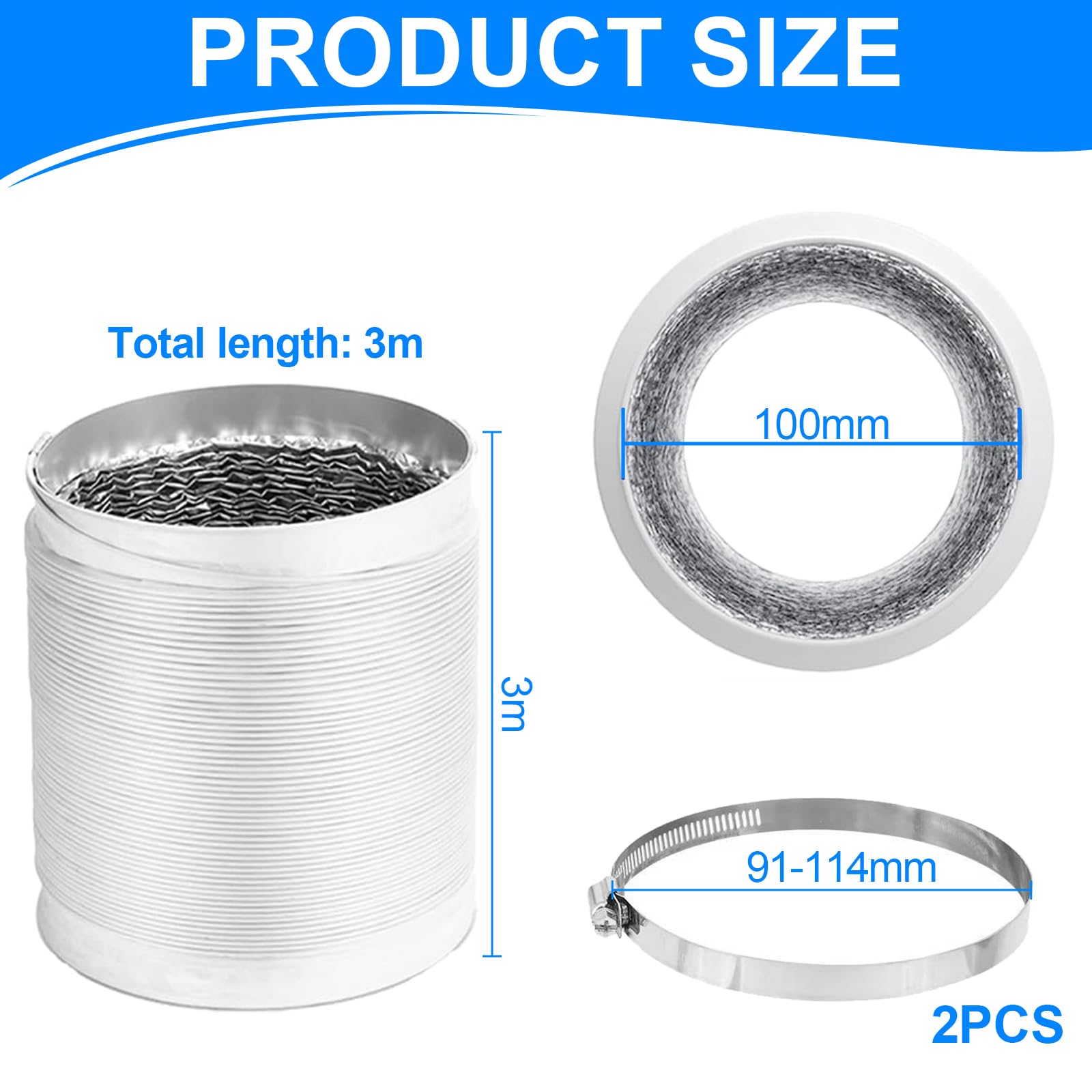 Tumble Dryer Vent Hose 4Inch 10FT(3m) Long Flexible Aluminum Air Ducting 100mm PVC White 4Layer Dryer Ducting Pipe with 2 Stainless Hose Clips(91-114mm) for HVAC Ventilation Extractor Fan System - Image 2