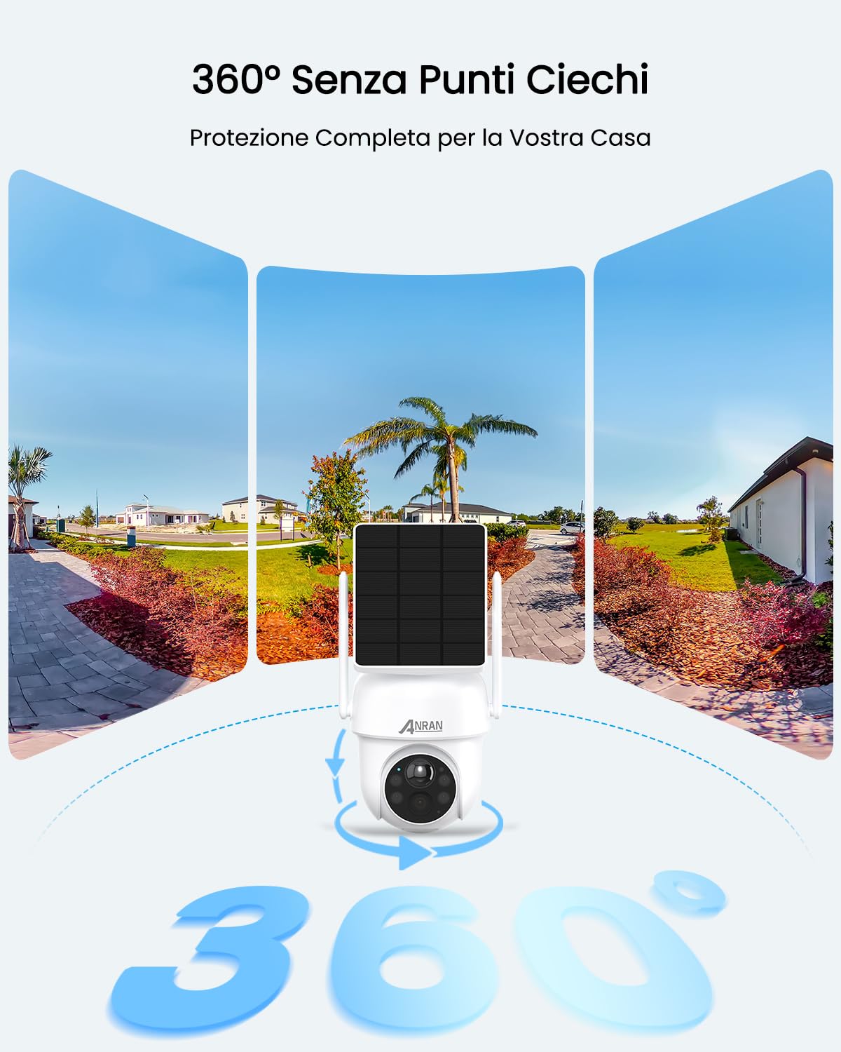 ANRAN 5MP Telecamera Wifi Esterno Senza Fili con Pannello Solare 2Pz | 360° Telecamera,Visione Notturna a Colori, Avvisi Intelligenti, Compatibilità con Alexa, IP66