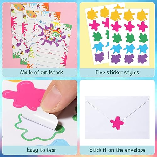 Miniatura 2 de Juego de 24 invitaciones de fiesta de pintura artística con sobres, tarjetas de cumpleaños coloridas, letras de invitación temáticas de pintura,