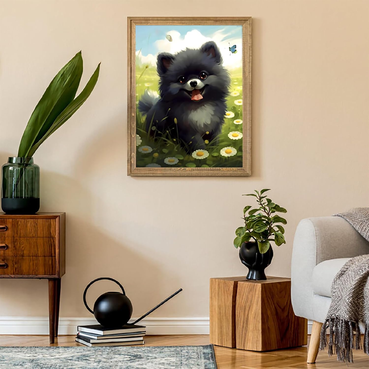 KAYEIUU 5D Pomeranian Dog Diamond Painting Kits for Adults Beginner, Black Pomeranian in Grass DIY Diamond Art for Home Wall Decor Gifts, Full Drill Round Gem Art 12x16 inch