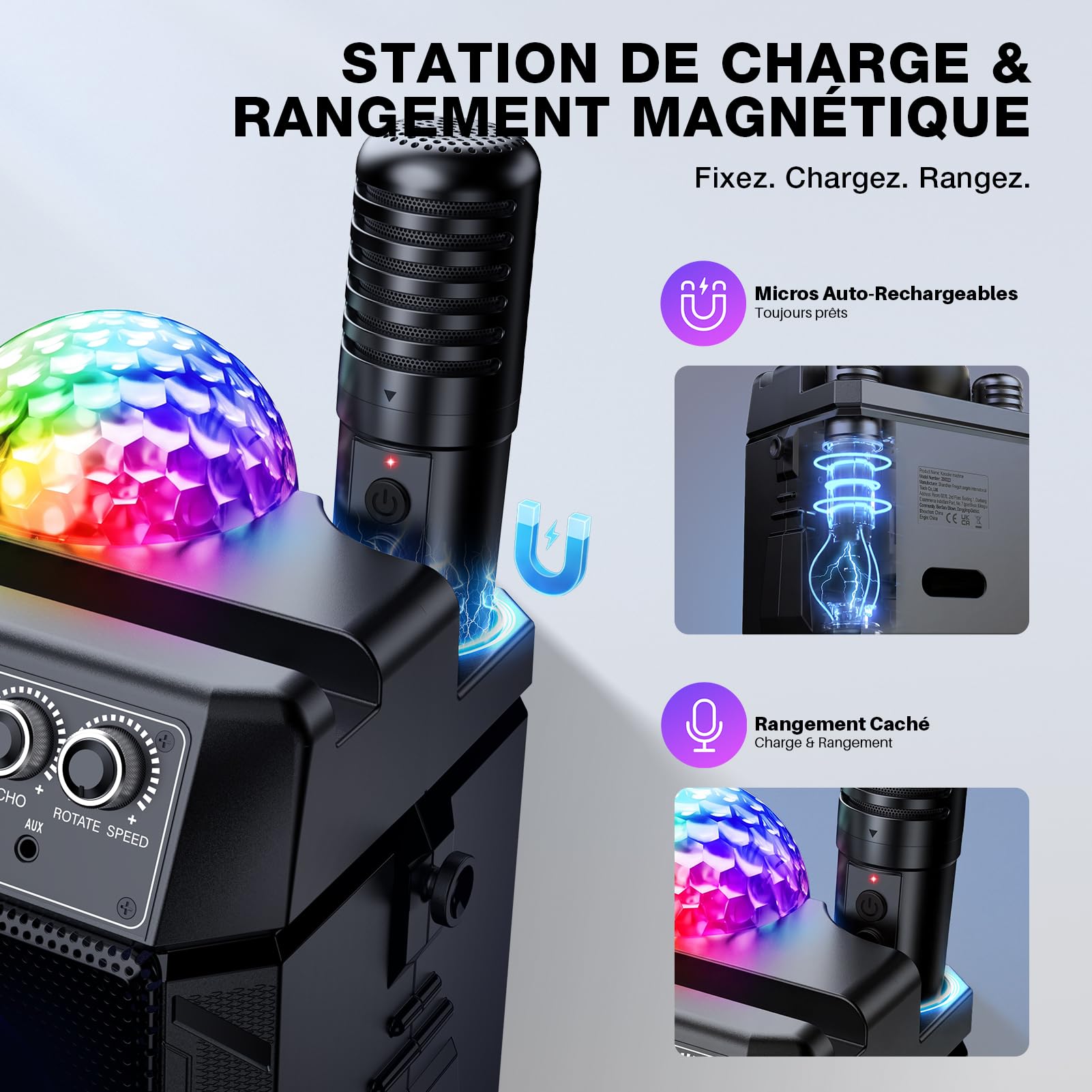 Karaoke Adulte, Lumières Disco & Recharge Magnétique des 2 Micros, Micro Karaoke Enfant Compatible avec TV/Smartphone/AUX/USB pour Les fête, Les Anniversaire, Les Voyage