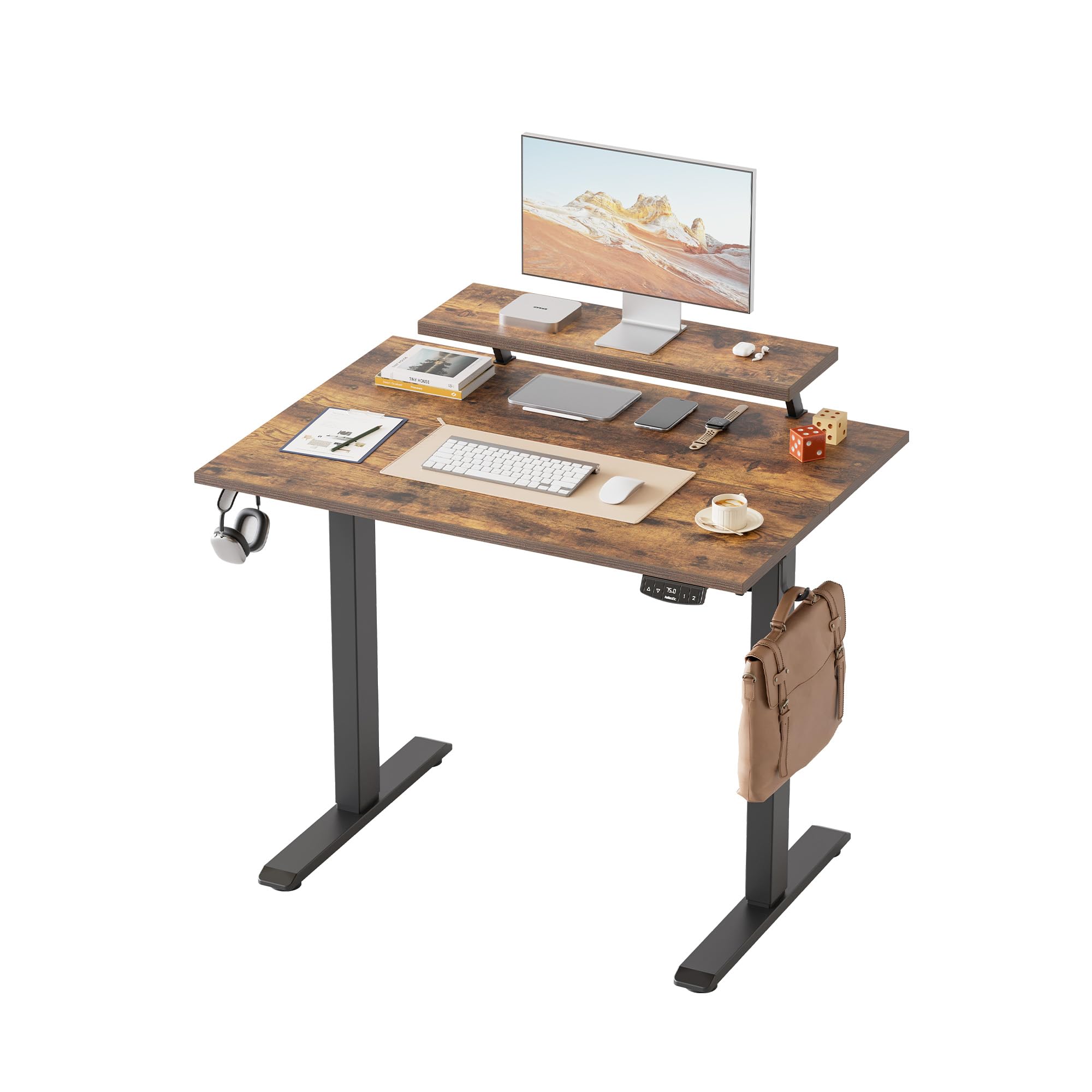 Klicelor Electric Height-Adjustable Desk with Movable Monitor Stand, 100 x 60 cm Sit-Stand Desk with 2 Memory Buttons and 2-Piece Table Top, Computer Desks, Brown