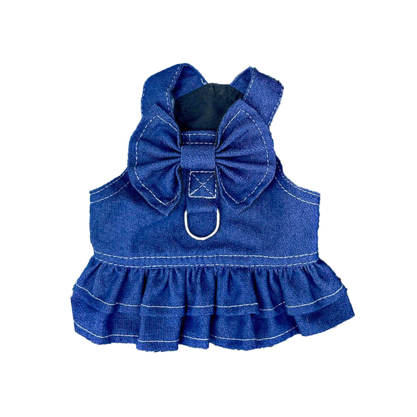 Ling & Bai Dog Harness Dresses Summer Dogs Denim Outfit with D Ring Cat Girl Princess Skirt Pet Bow Clothes (S)