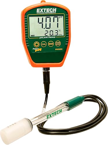 Extech PH220-C - Medidor de pH de palma impermeable con electrodo cableado, color negro