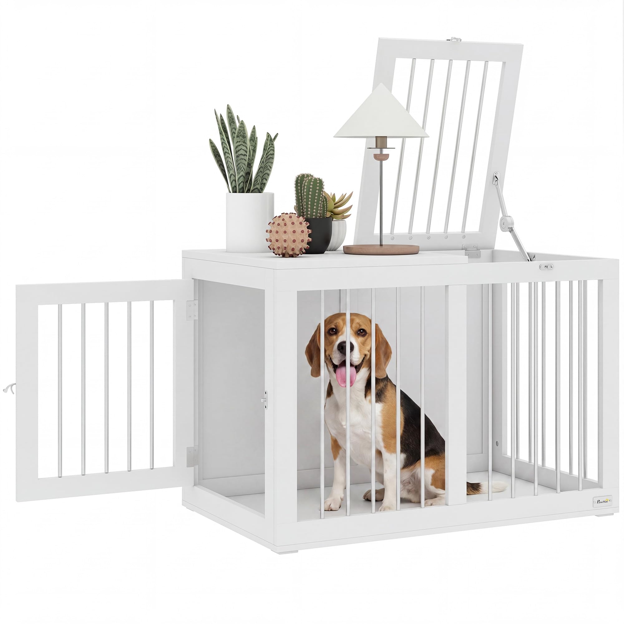 PawHut Cage pour chiens avec 2 portes verrouillables, maison pour chien, taille moyenne, pour intérieur, acier et MDF, 80 x 50 x 56,5 cm, blanc