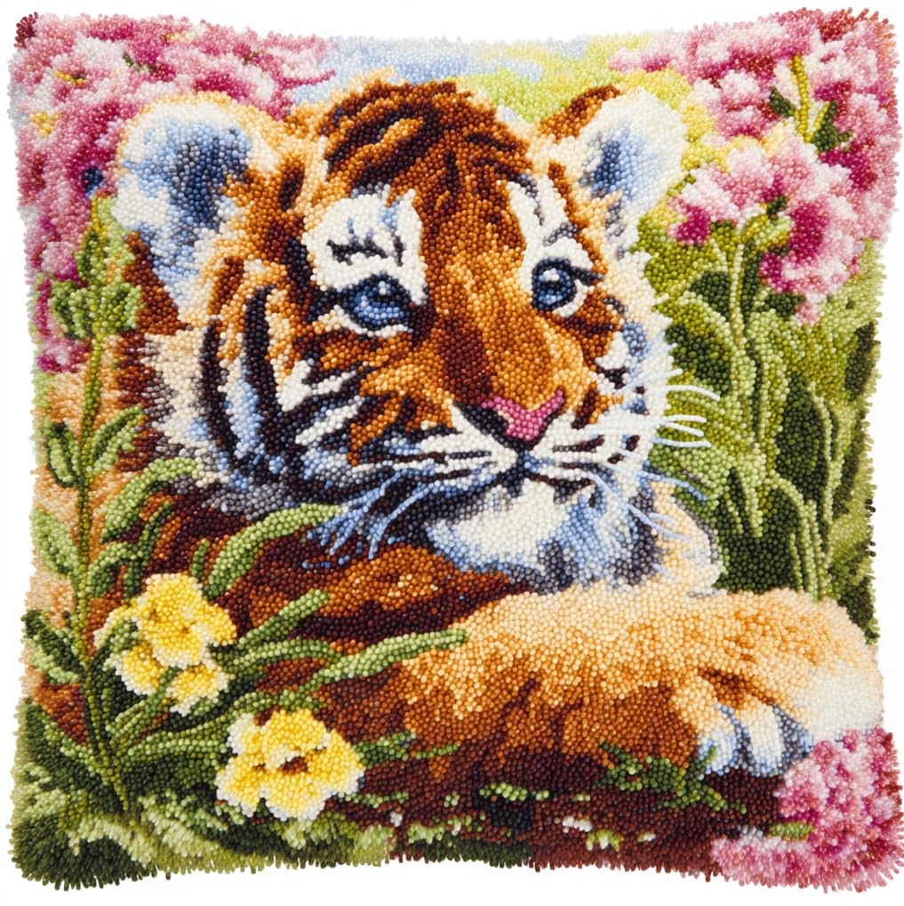 AxiangziK DIY Latch Hook Pillow Kit 43x43cm,Tiger and Flower