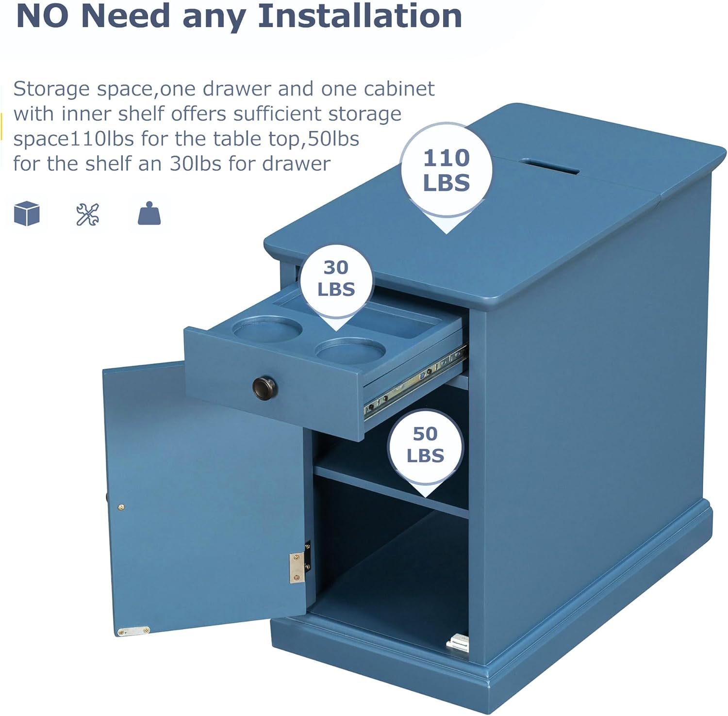 Merax Classic Vintage End Side Table with USB Ports & Outlets, One Multifunctional Drawer with Cup Holders, Storage Cabinet for Living Room & Bedroom, Antique Navy