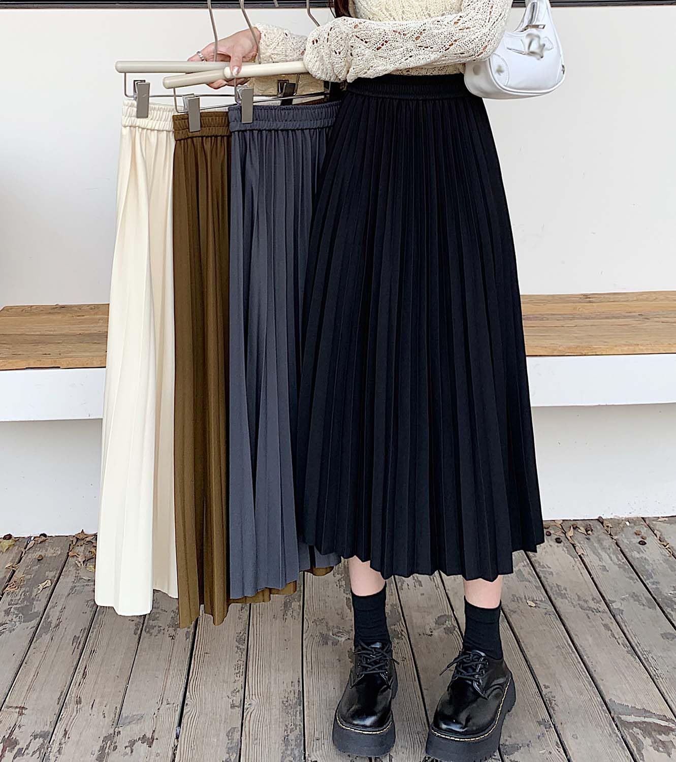 Jupe plissée midi pour femme - Taille haute - Élastique - Ligne A - Jupe longue pour femme - Automne Hiver - Tendance et décontractée