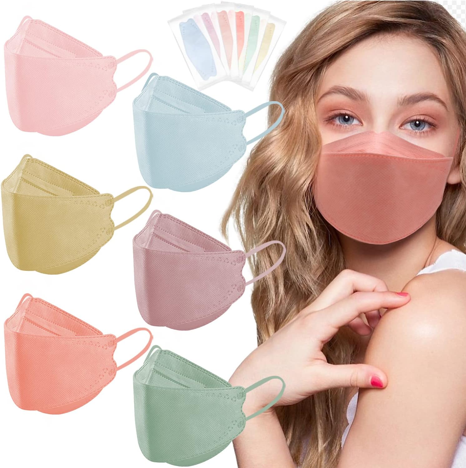 60PCS KF94 Disposable Face Mask,Individually Packaged,Fish Mouth Type 4-Ply Breathable Mask with Adjustable Nose,Daily Use. (Color-B)