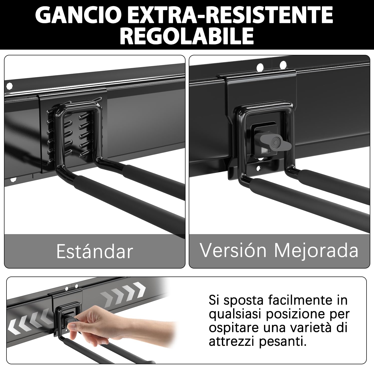 3-H Portautensili per garage, 160 cm, regolabili, 11 ganci da parete per garage e 4 ganci a S, per attrezzi da giardino, per cantina, attrezzature da sci, scopa, rastrello, nero