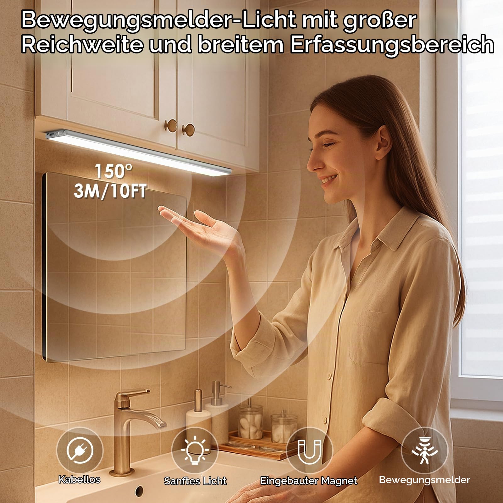 Quntis 40cm Schrankbeleuchtung Kabellos mit Bewegungsmelder 2er Set 186 LED 3 Farben Schranklicht Vollflächig Unterbauleuchte Küche Dimmbar Leiste 2500mAh Akku Unterschrank Beleuchtung Flur Bad Treppe