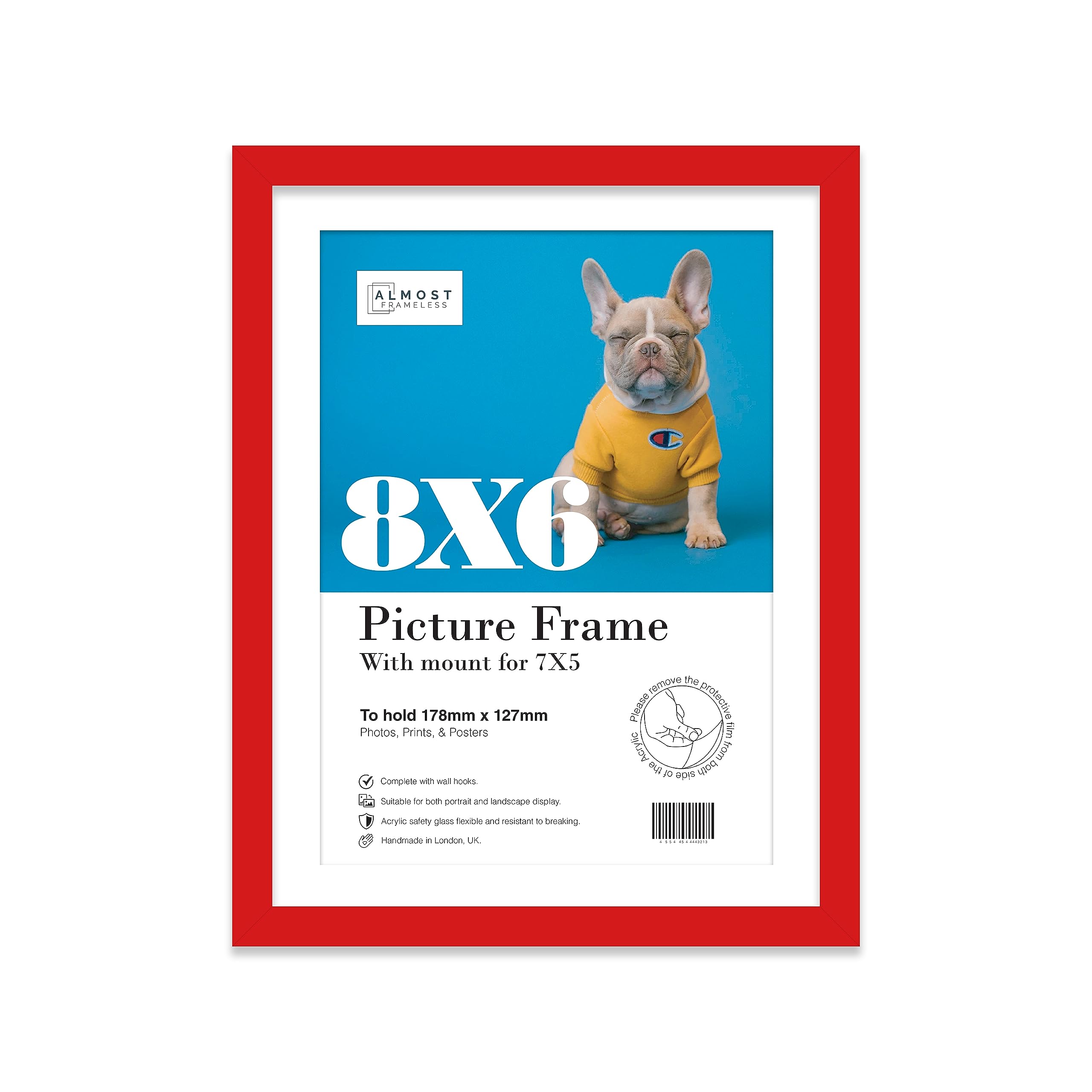 Almost Frameless Red 8X6 Picture Frame With Mount For 7X5 Print, Poster Or Photo Poster, Photo, Artwork, Or Print. Thin Edge Slim Frame Portrait And Landscape Display With Wall Hooks