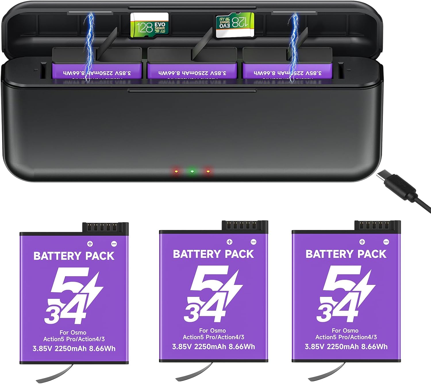Palogreen Osmo Action 5 Pro/4/3 Battery Charger 3-Pack