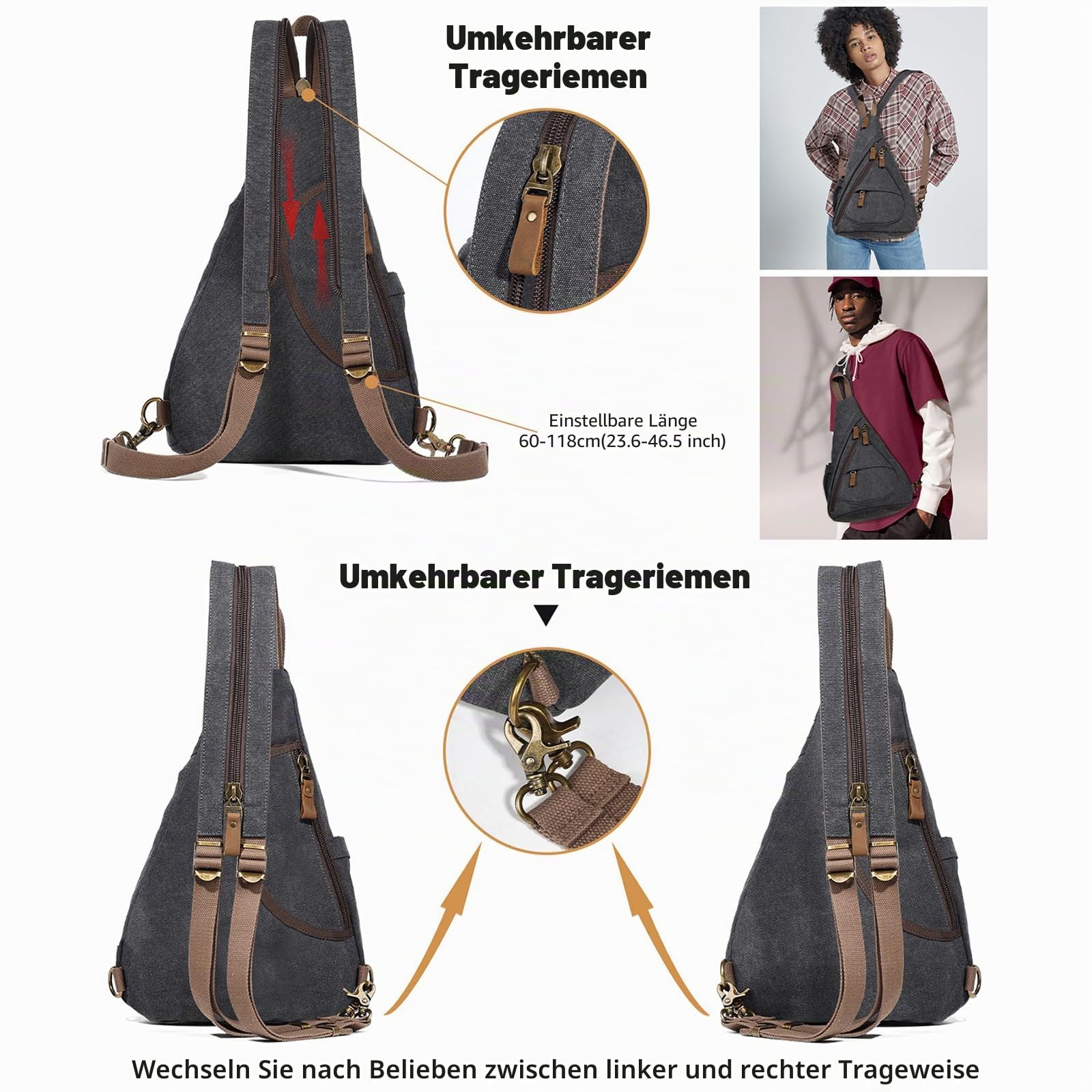 KL928 Canvas Sling Bag Rucksack Damen und Herren – Schulterrucksack Umhängetasche Crossbag Verstellbarem Schultergurt Perfekt für Outdoorsport, Wandern, Radfahren, Bergsteigen, Reisen