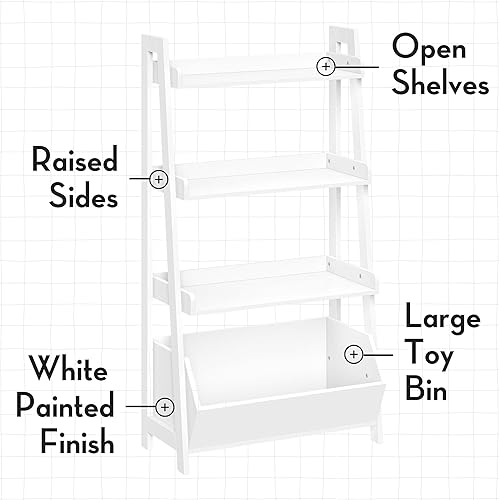 Miniatura 27 de RiverRidge Estante de escalera de 4 niveles de 24 pulgadas para niños con organizador de juguetes y 2 contenedores color gris pardo Blanco con 2