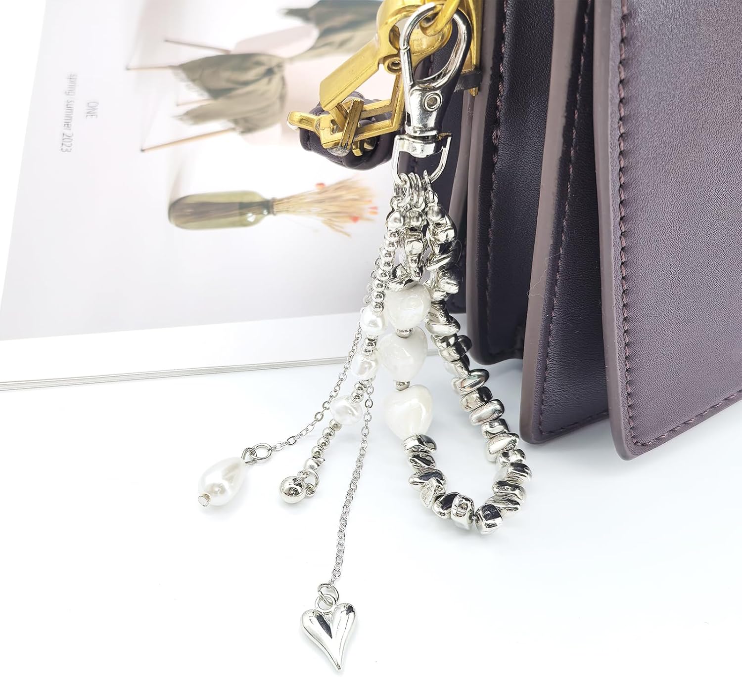 Punk Metal Chain Tassel Keychain Wristlet Irregular Beaded Hearts Silver Bag Charms For Handbags Y2K Key Chain Aesthetic Pearl Heart Pendant Purse Charms Key Chains Women Cute Keychain Accessories - Image 6