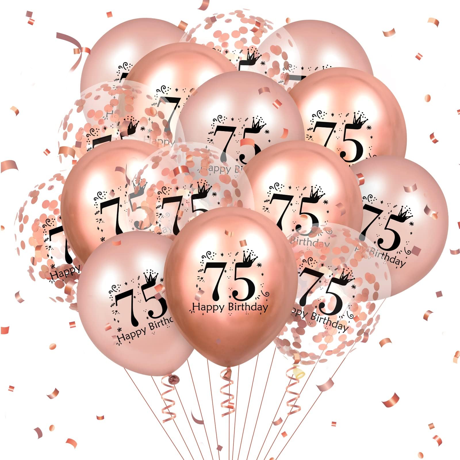 RUMIA75th Birthday Balloons 18 Pcs Rose Gold Happy 75th Birthday Latex Balloons Confetti Balloons 12 inch