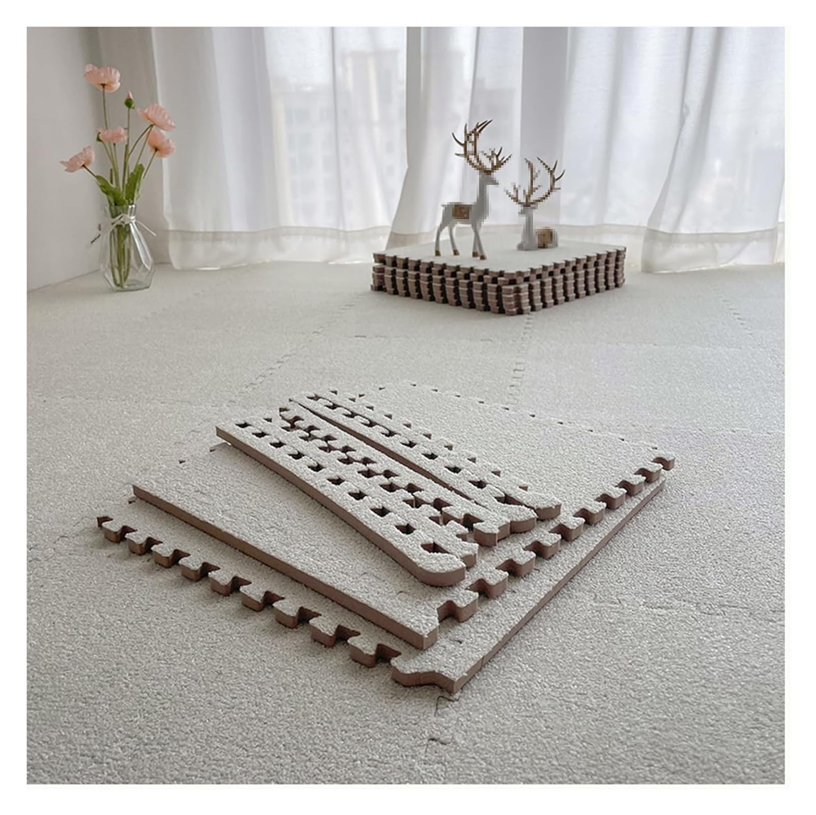 Lot de 10 Tapis de Sol Puzzle carrés 30 x 30 cm, en Peluche Courte, à emboîter, épais, avec Bordure, for décoration d'intérieur(Beige)