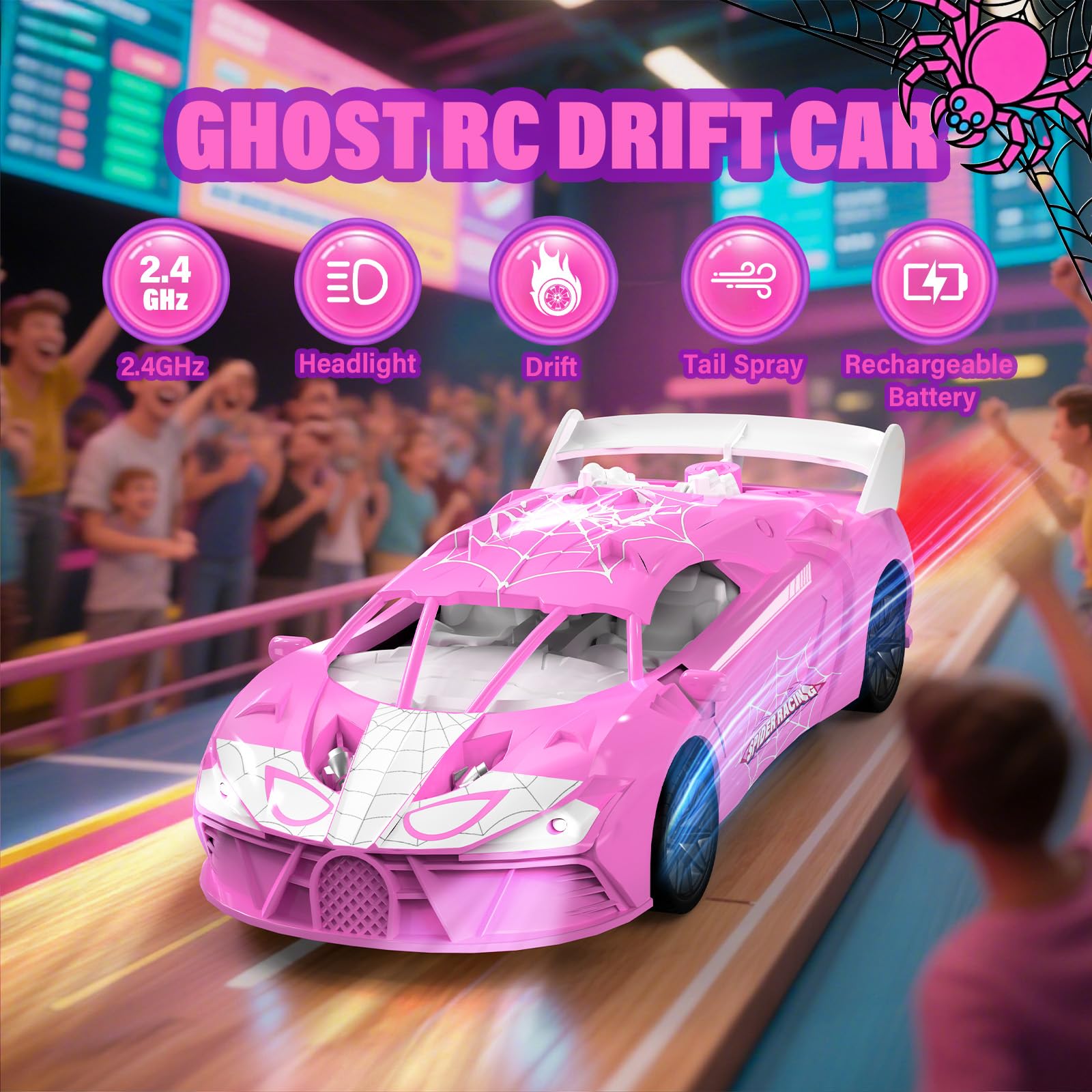 SAIFILI Macchina Telecomandata Bambina, RC Car 3-8 Anni con Spray & Luce LED, Auto Telecomandata Bambini Giocattolo con Batteria Ricaricabile, Natale Compleanno Regalo per Ragazze, Rosa