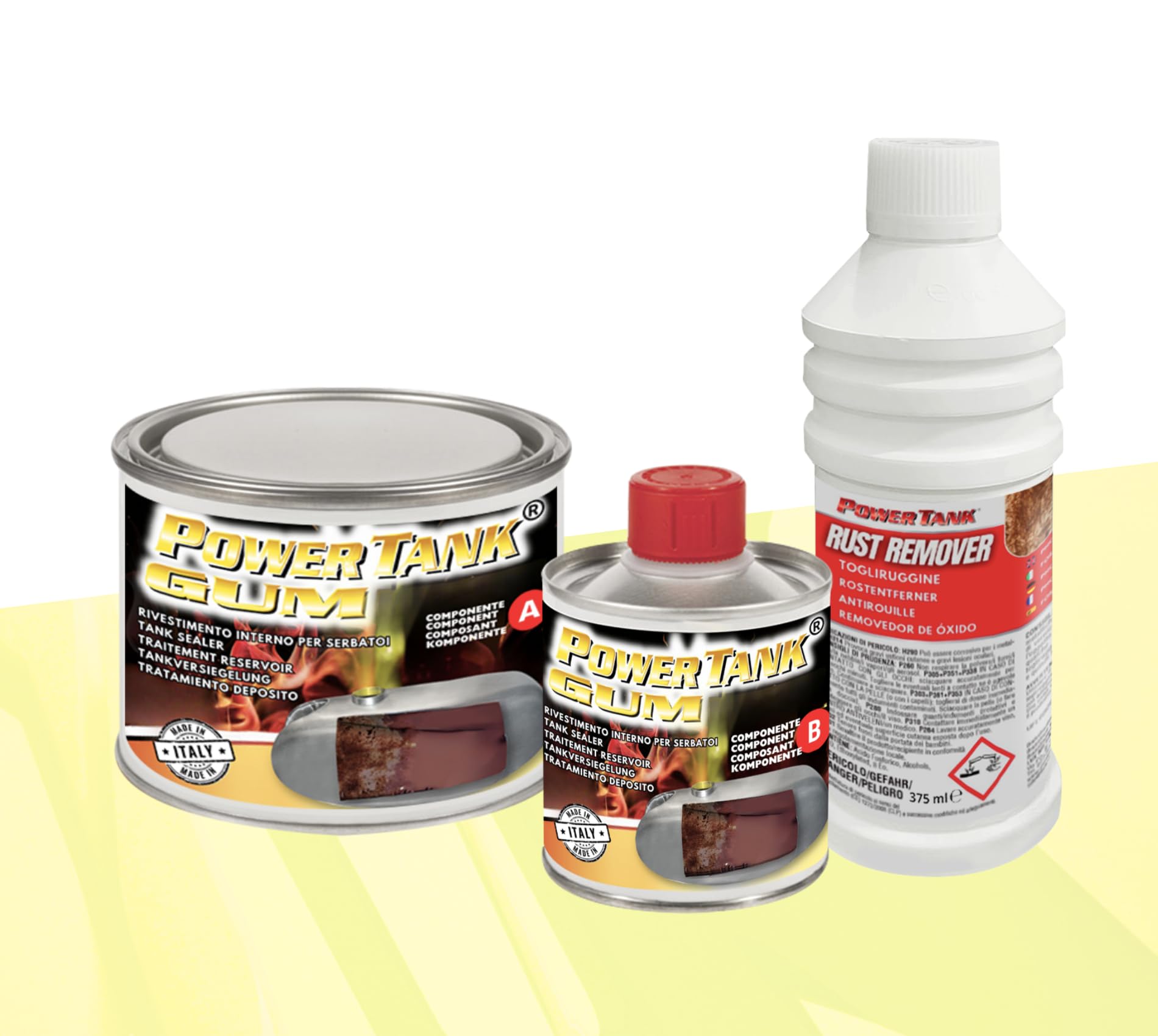 POWER TANK Gum - Trattamento Serbatoio Moto (8/10 Litri) Kit Piccolo Small 350 gr per Interno Serbatoi Elimina la Ruggine Ripara Protegge Arrugginito da Moto d'Epoca Ciao Scooter con Antiruggine