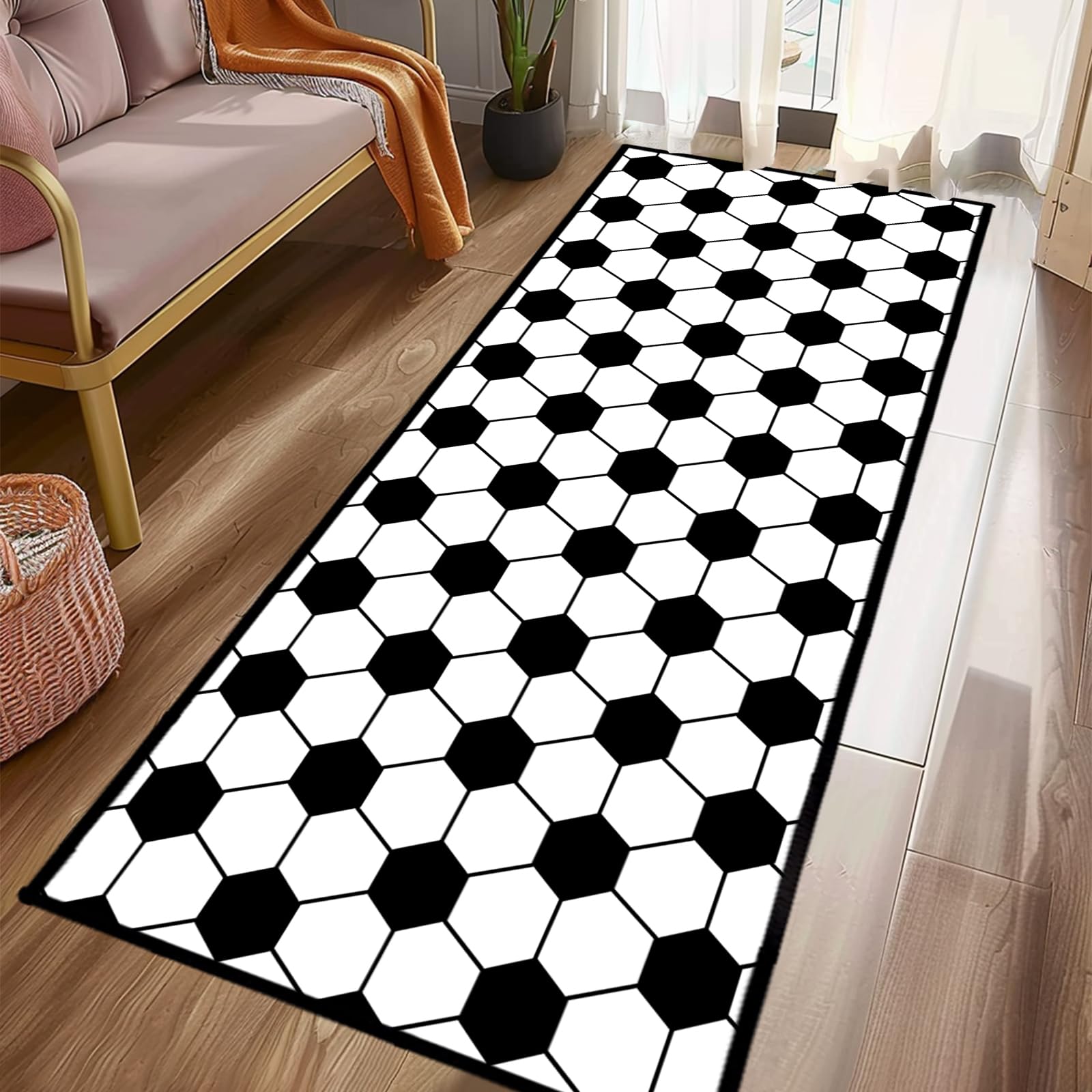 DINJUNA Soccer Theme Runner Rugs for Hallway 2x6 Throw Accent Area Rug Sports Large Floor Carpets Mat Black and White Rug Washable Rugs Non-Skid