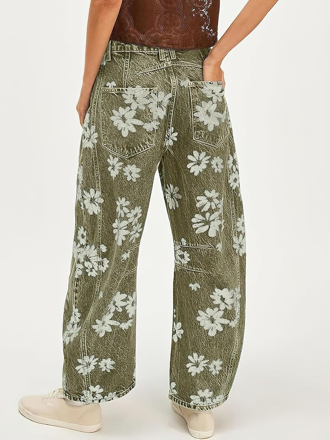 ebossy Women's Retro Floral Print Barrel Jeans Mid Rise Wide Leg Baggy Boyfriend Horseshoe Denim Pants - Image 2