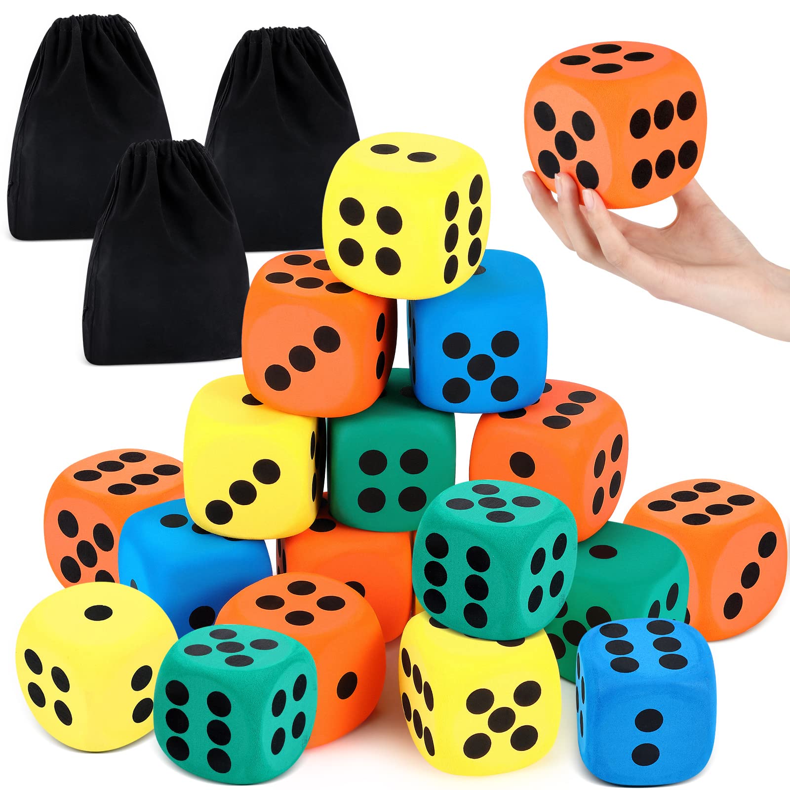 Meooeck 18 Pcs 3.15'' Large EVA Foam Dice Assorted Colors Soft Dot Dice Foam Yard Cubes with Number Dots and Storage Bag for Building Educational Toys School Party Supplies Christmas Fun Gift