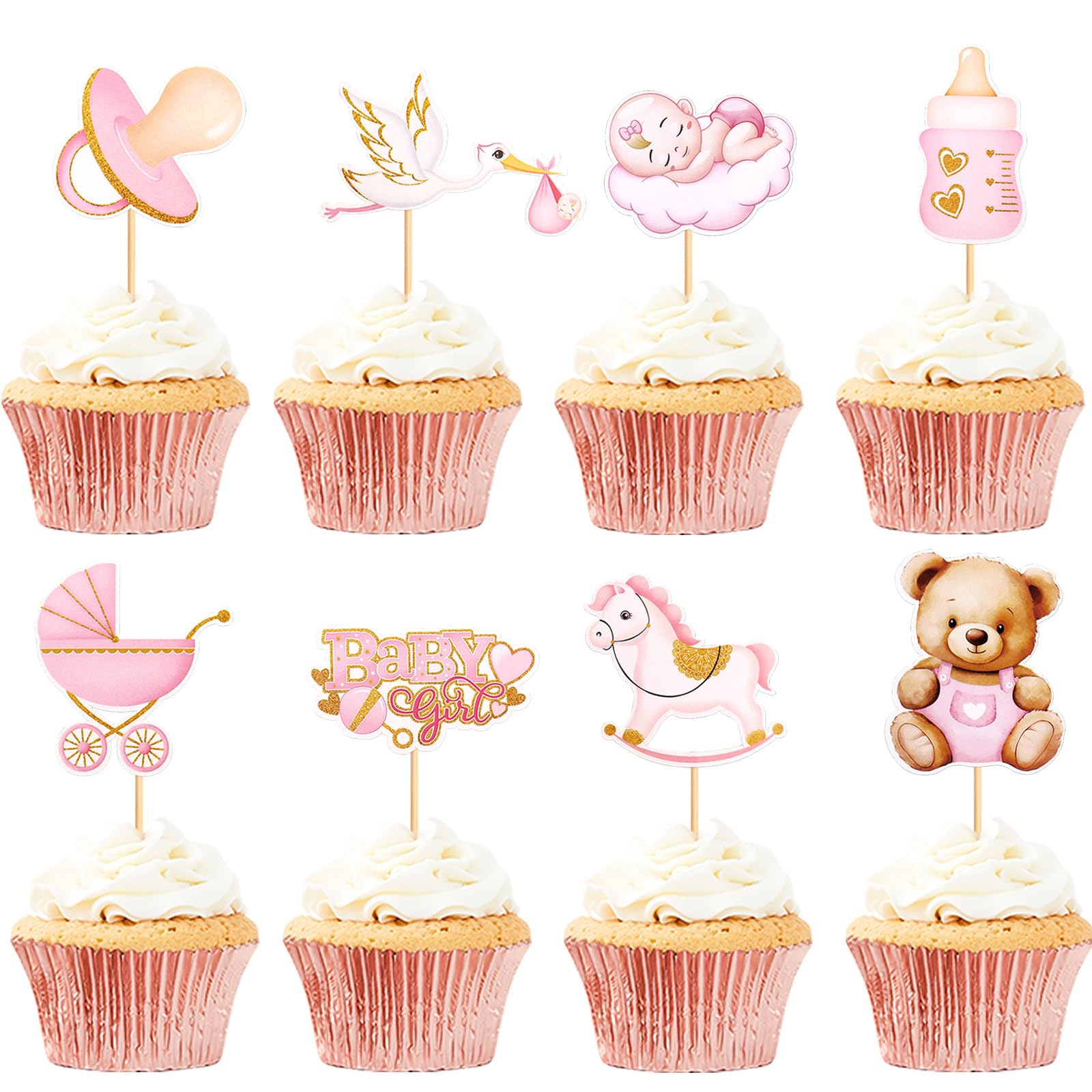 32 Pack Baby Girl Cupcake Toppers It's a Girl Cupcake Picks Pink Bear Nipple Feeder Trojans Stroller Baby Shower Birthday Party Decoration Pink Girl