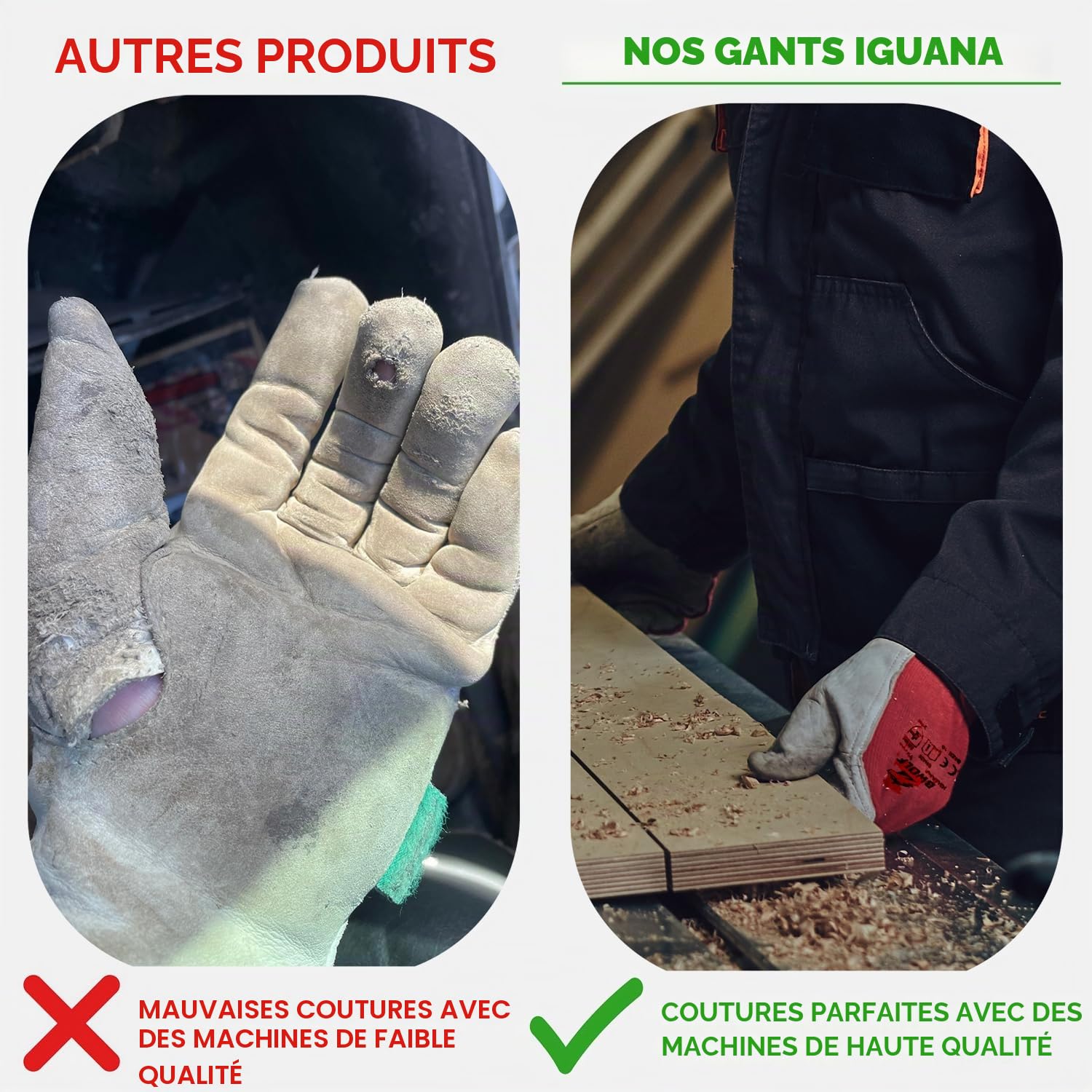 BWOLF IGUANA Gants de Travail en Cuir – Lot Économique de 12 ou 60 Paires – Gants de Protection Résistants pour Professionnels 10, 12 Paires
