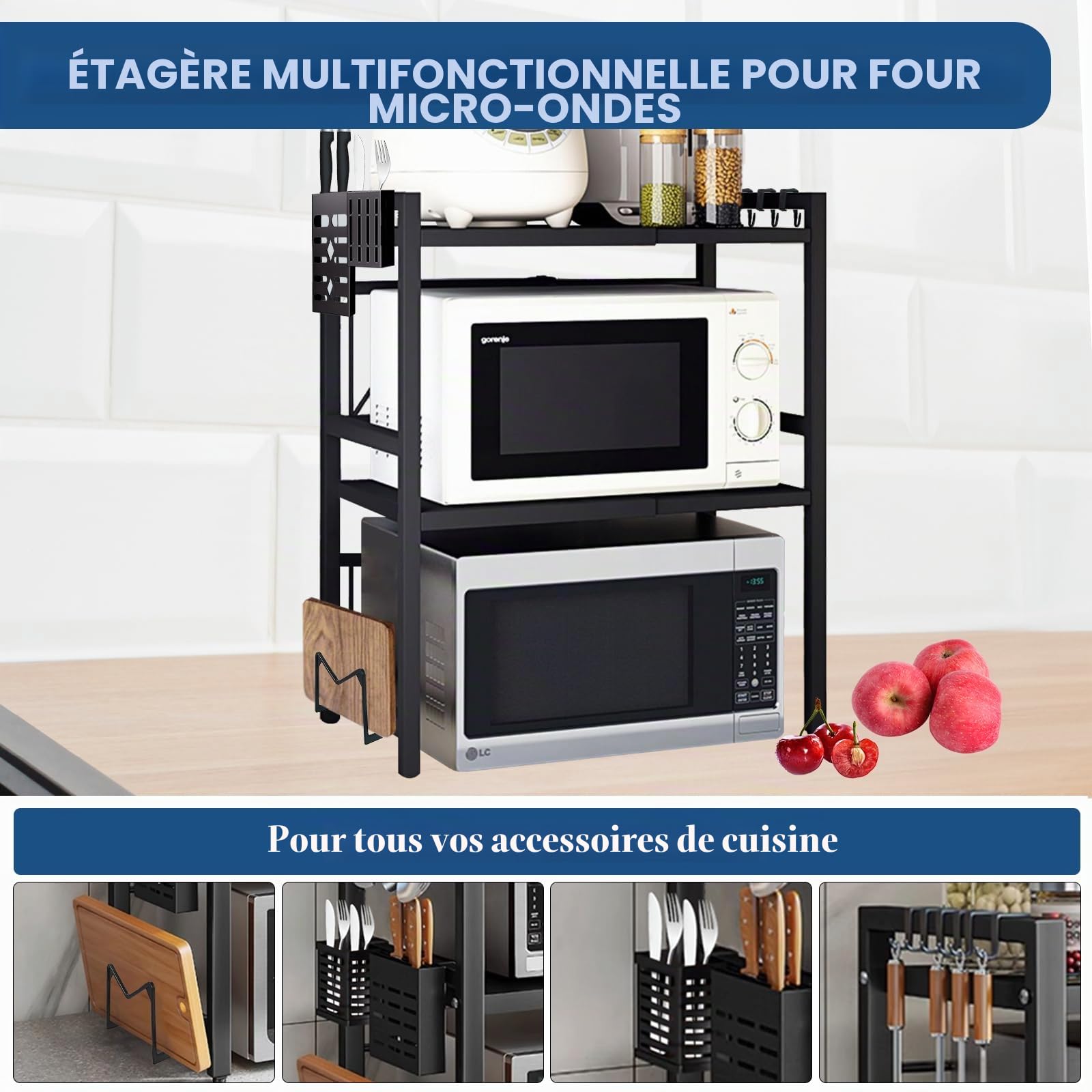 Étagère de cuisine debout en acier (3 niveaux) - Étagère à micro-ondes - Étagère de rangement - Étagère de boulangerie réglable en hauteur et en longueur - Avec 6 crochets - Noir