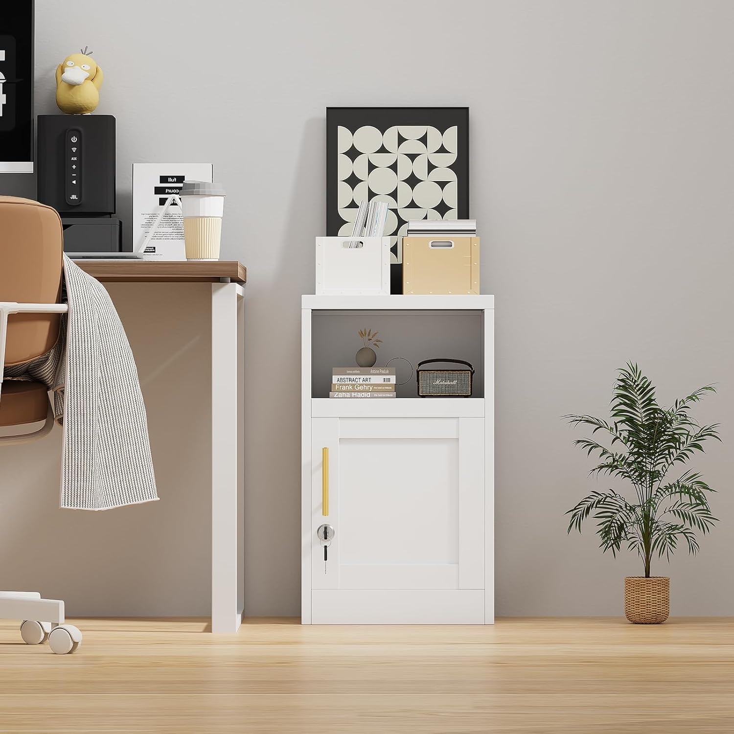 Metal White Nightstands Set of 2 with Lock, File Cabinet with Shelves Storage Cabinet,28" Modern Side Table with Door and Open Shelf, Bedside End Table for Bedroom, Dorm and Small Spaces