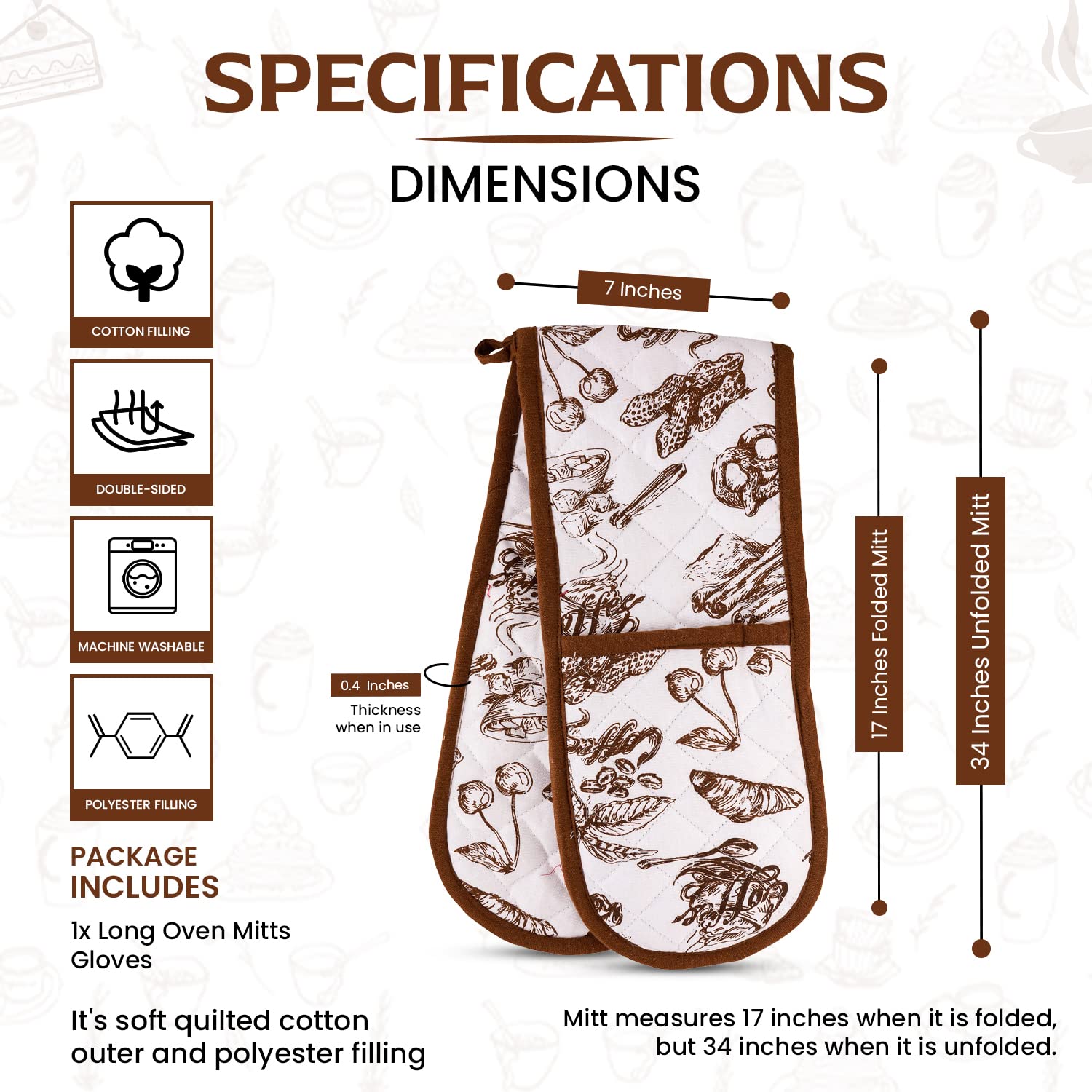 Guantes dobles de cocina para barbacoa, extra largos y gruesos, resistentes al calor, paño acolchado adjunto, 1 pieza de guantes de horno, 100% algodón, diseño de pastel marrón, soporte para ollas
