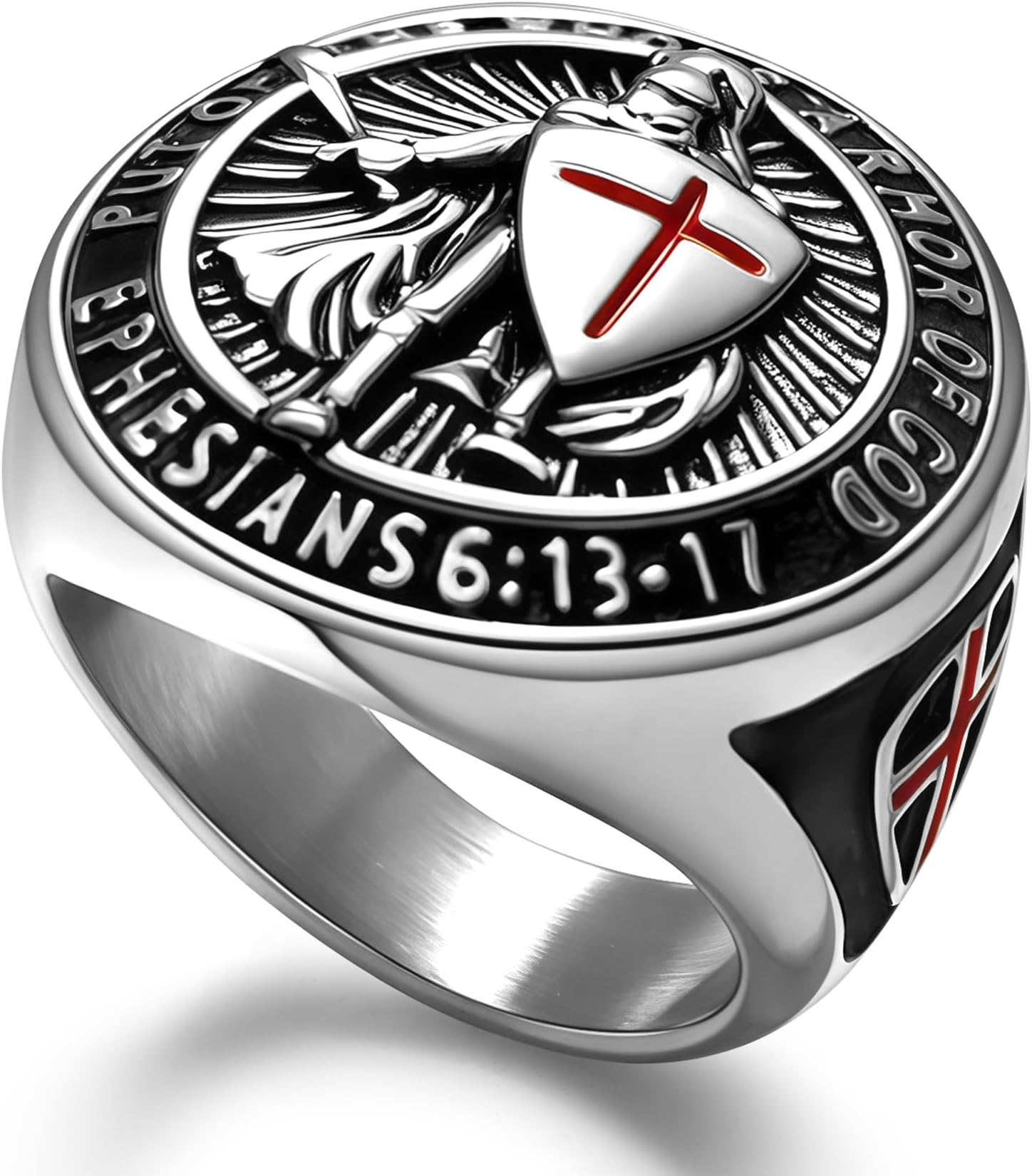 Christian Ring Knights Templar Put On The Whole Armor Of God Ephesians 6:13-17 Red Cross Design Men's Religious Catholic Ring,Biker Punk Cocktail Party 316L Stainless Steel Rings For Men Gift
