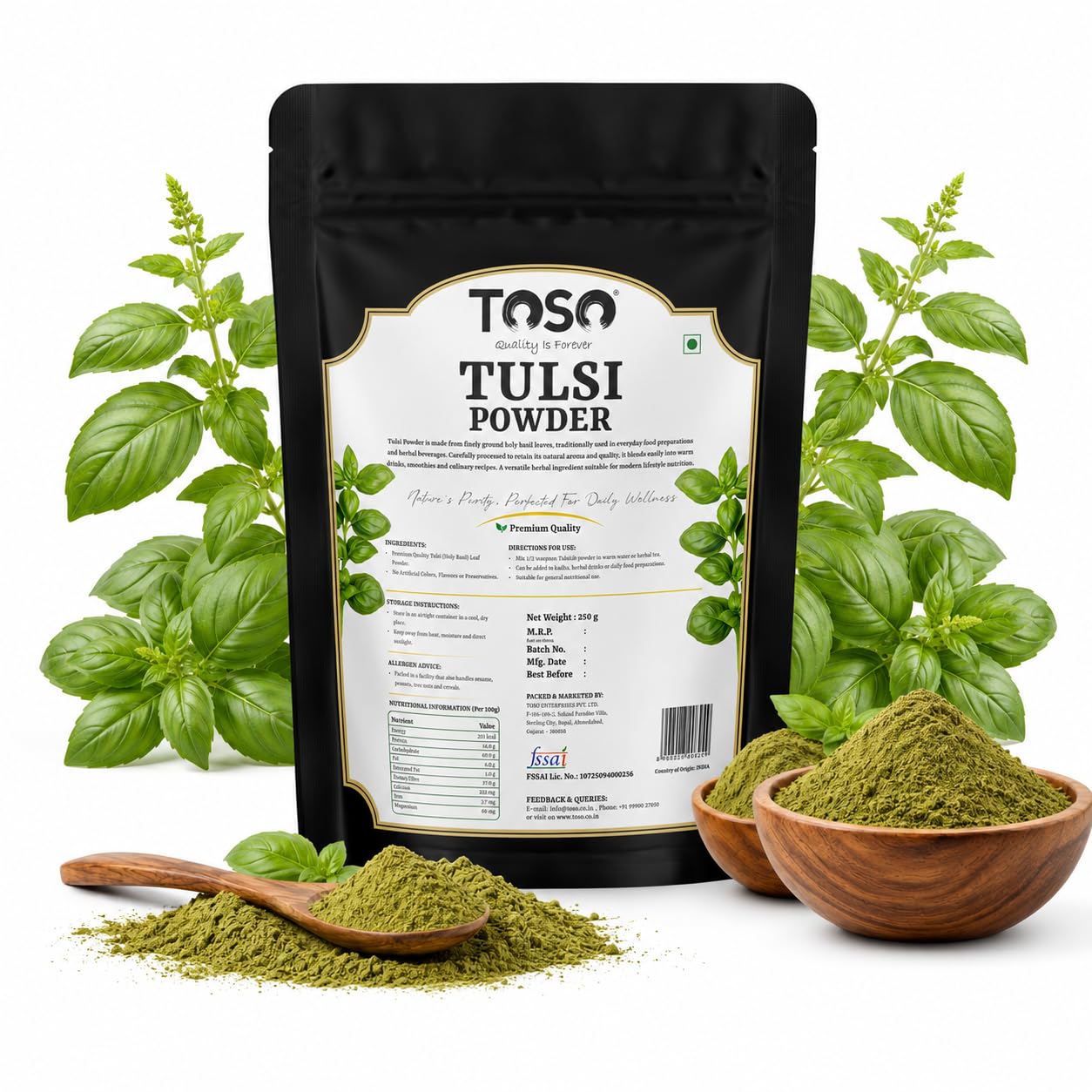 TOSO 100% Pure Tulsi Powder 250g | Fine Ground Holy Basil Leaf Herbal Tea & Kadha Supplement | High Immunity & Cold Care | Pure Organic Ocimum Sanctum Leaves Powder | Pack of 1