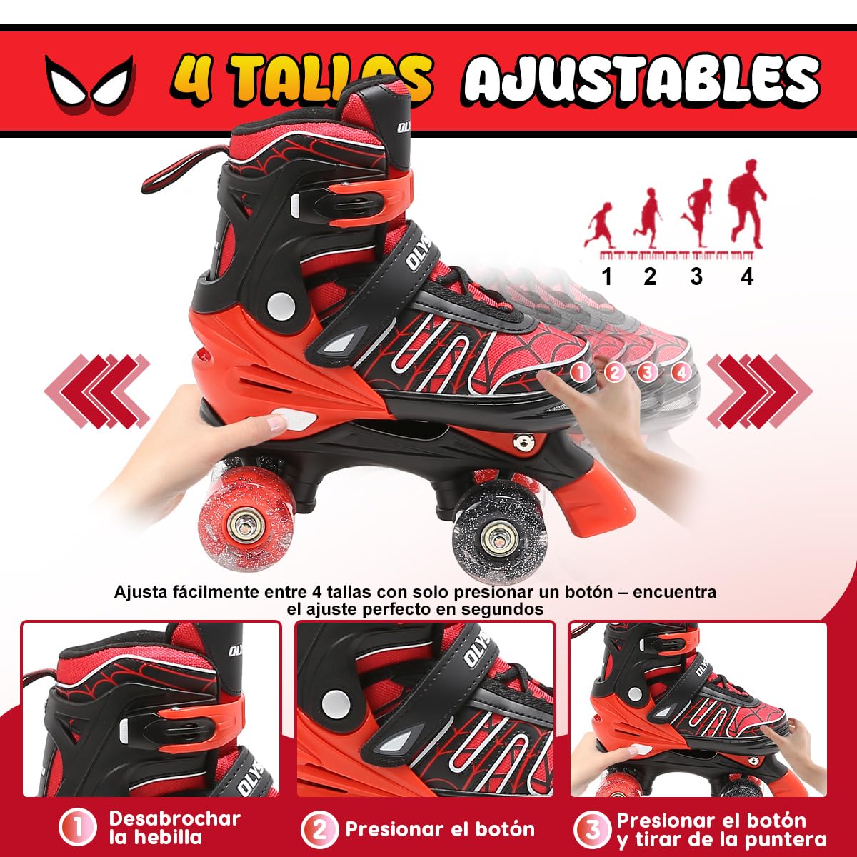 Patines 4 Ruedas Niña,Patines Niña,Patins Regulables en 4 Tamaños con 8 Ruedas Intermitentes para Niños,Niñas y Principiantes